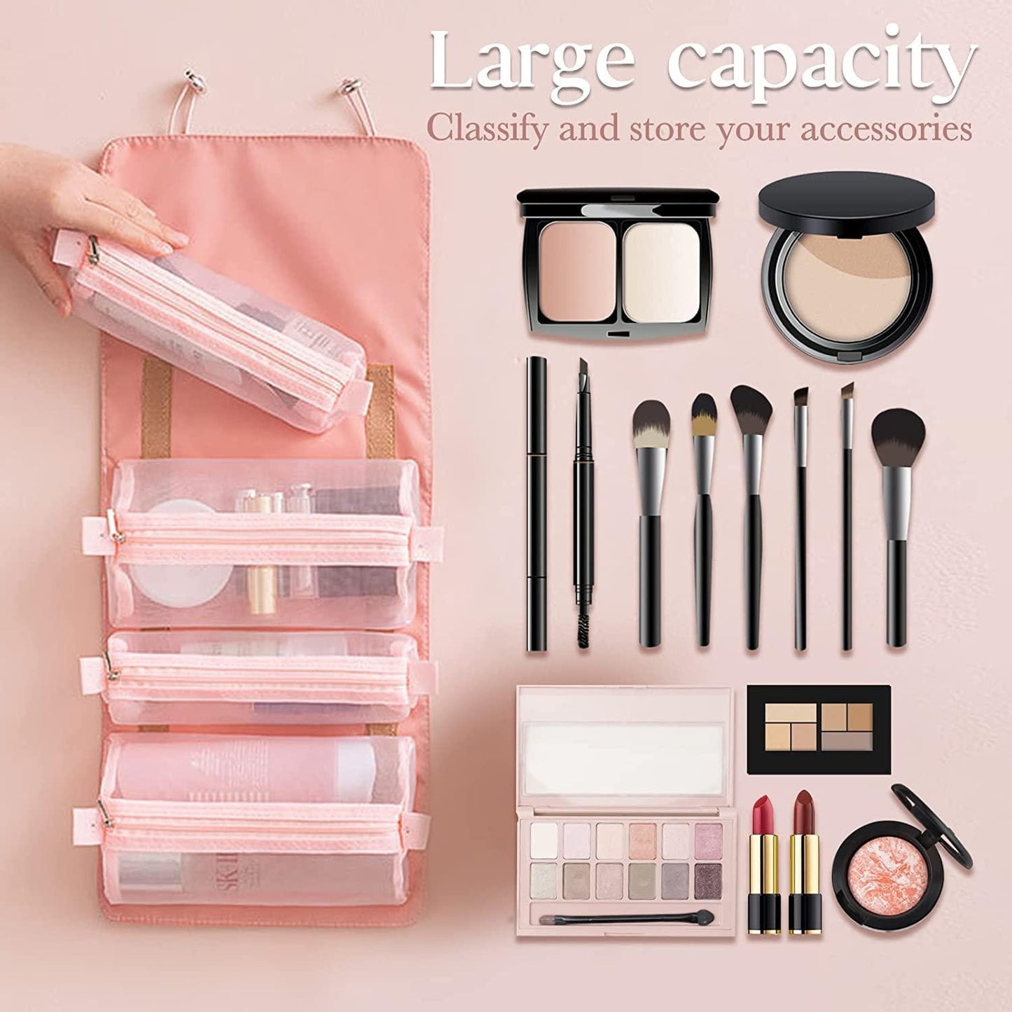 Compact Cosmetic Pouch (Pink) - 4-in-1 transparent