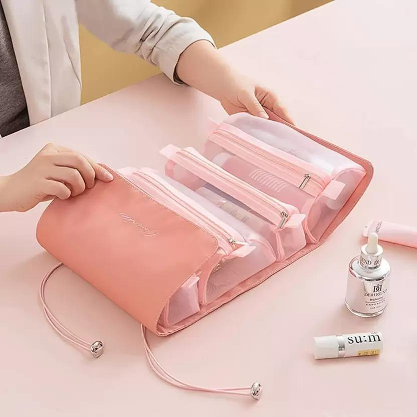 Compact Cosmetic Pouch (Pink) - 4-in-1 transparent