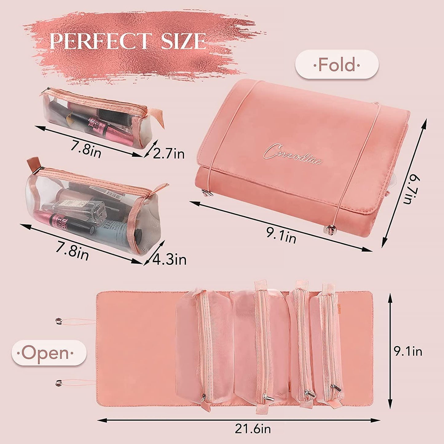 Compact Cosmetic Pouch (Pink) - 4-in-1 transparent