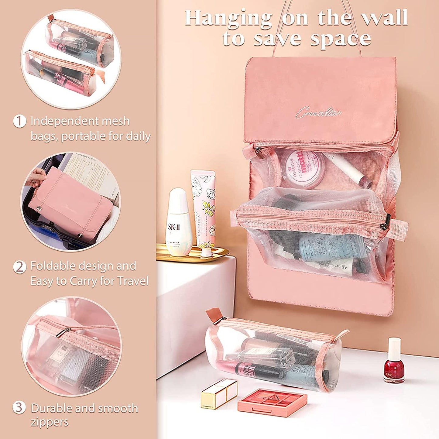 Compact Cosmetic Pouch (Pink) - 4-in-1 transparent
